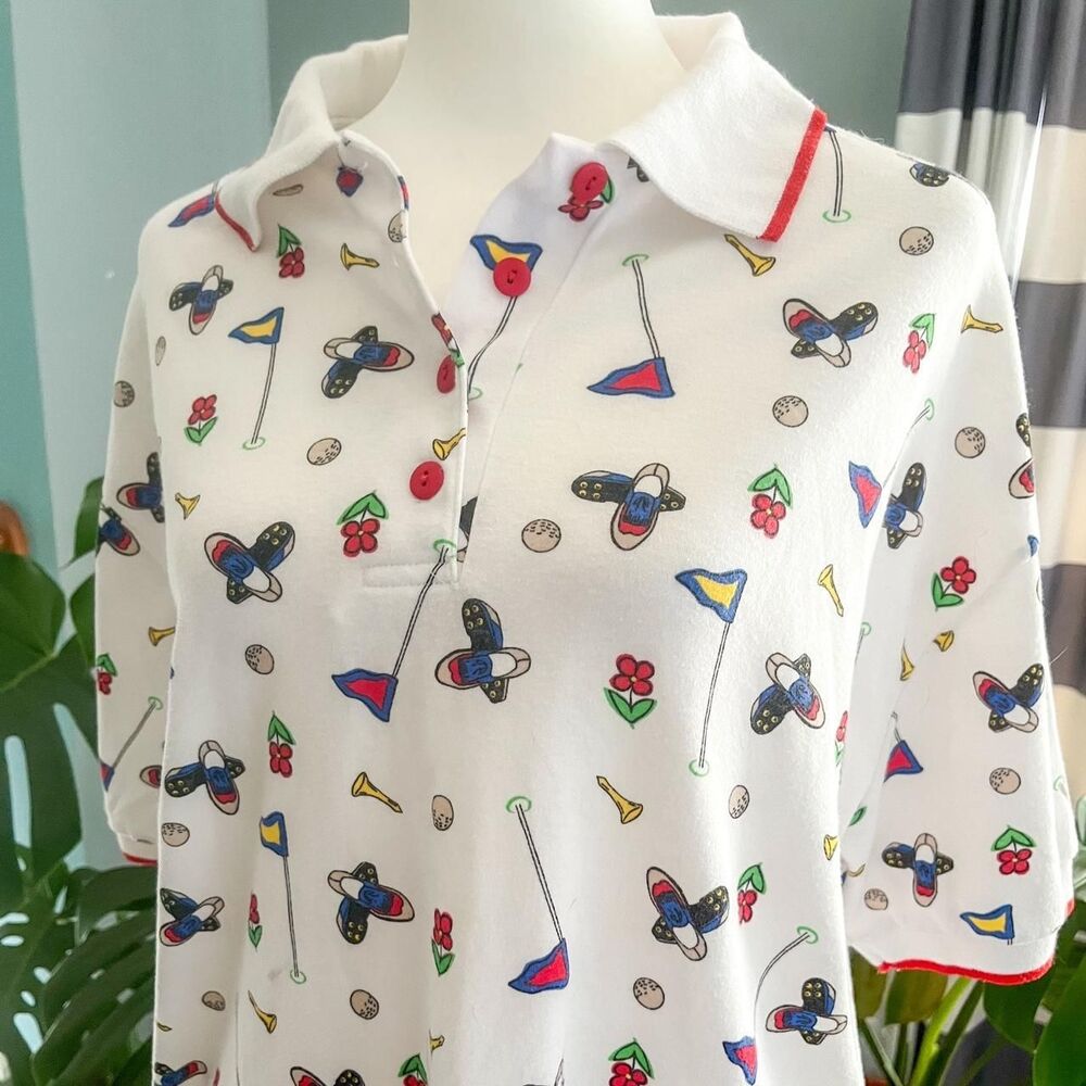 Vintage 90s Classic Elements golf print white and multi-coloured polo shirt L - Picture 1 of 8